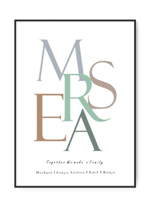 Familie Buchstabe Poster, 5 frei wählbare Buchstaben, farver und Text