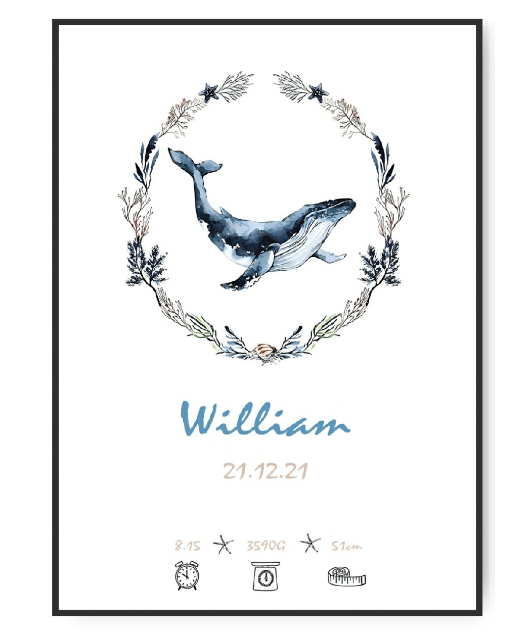 Geburtsposter Wal, mit frei wählbarem Namen und Datum